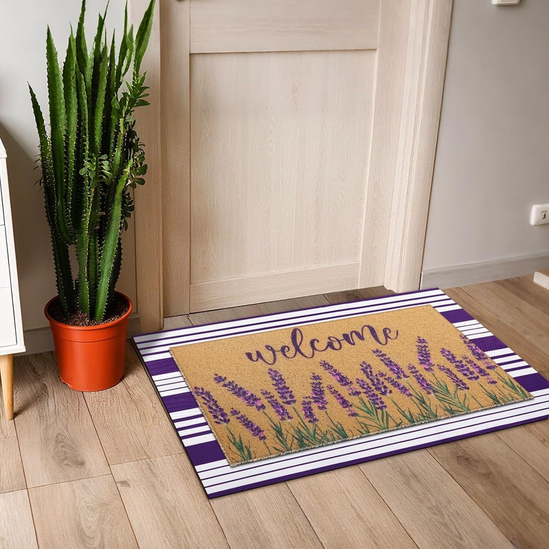 Tinideya 2 Pcs Lavender Door Mat Purple and White Stripe Welcome Non Slip Coir Mats Flower Floor Layering Doormats Seasonal for Front Porch Entryway Decor(Lavender) - Image 4
